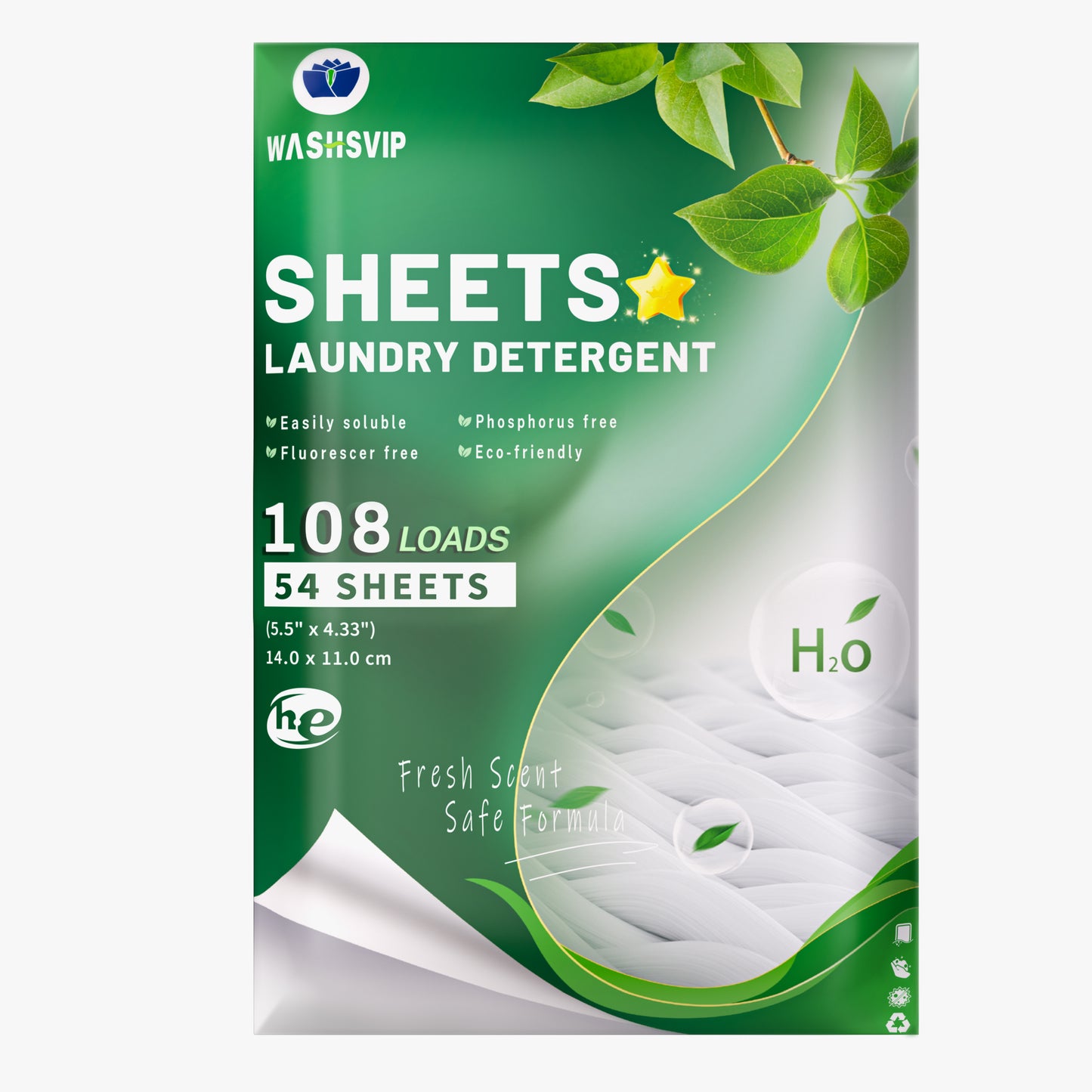 WASHSVIP Eco-friendly Laundry Detergent Sheets, 54 Sheets(108 Loads)